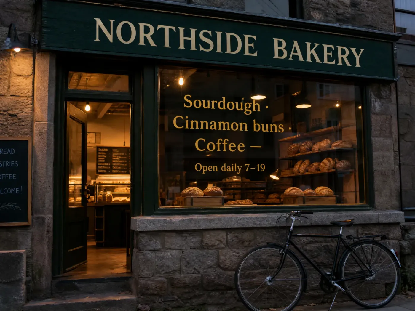 Ett litet bageri i skymningen. Över dörren en grön skylt med texten Northside Bakery, på skyltfönstret guldtext med Sourdough, Cinnamon buns, Coffee och Open daily 7–19. En cykel står lutad mot väggen.