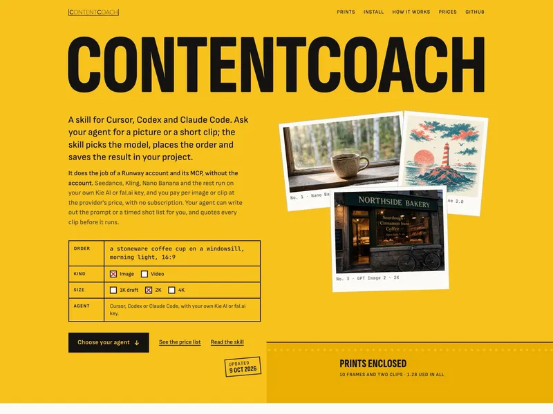 Startsidan för skillen ContentCoach: rubriken i svart på gul botten, ett beställningsformulär och tre utskrivna exempelbilder.