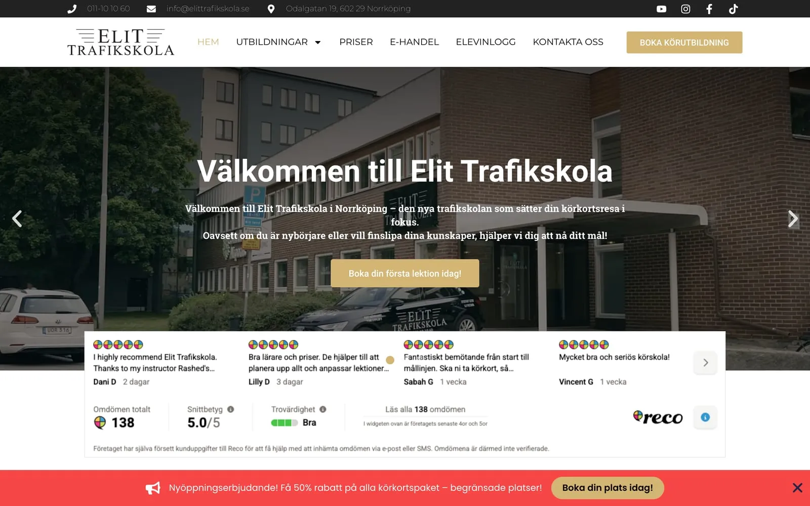 Startsidan på elittrafikskola.se