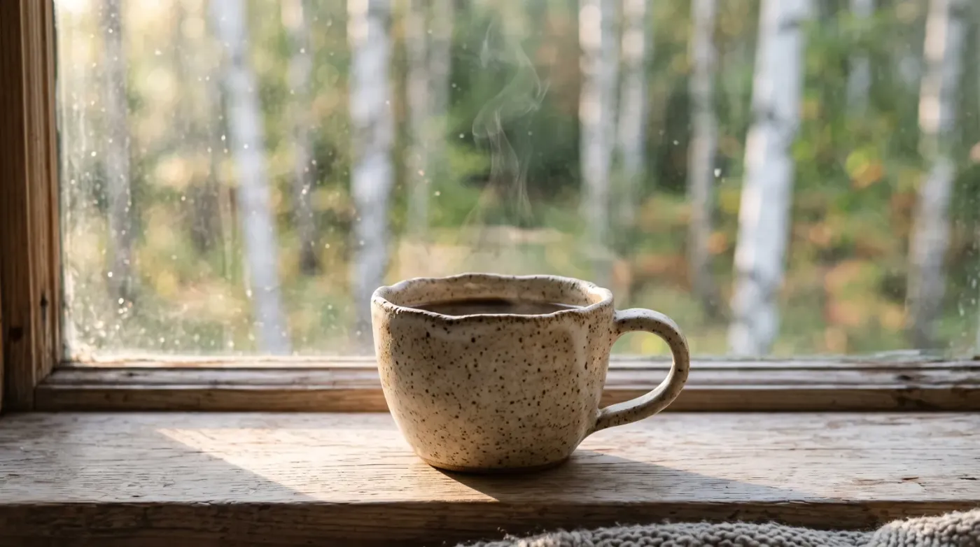 En handgjord kaffekopp i stengods med prickig glasyr på en fönsterbräda i ljust trä. Morgonsol från vänster, lite ånga från kaffet och suddiga björkar utanför fönstret.